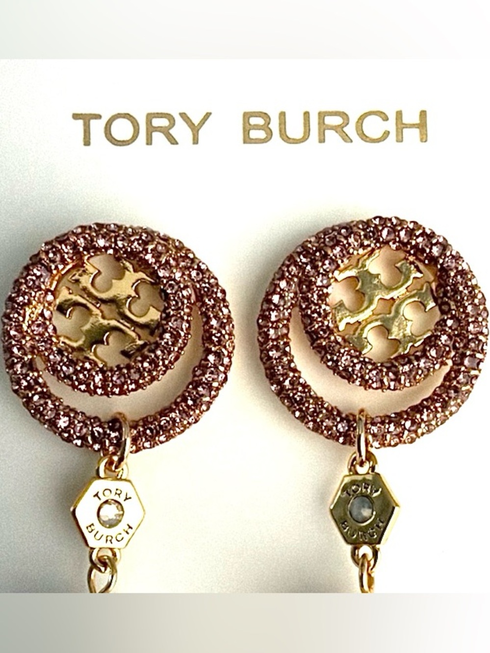 Tory Burch Rose Crystal Double-Hoop Earrings with Pearl Drops w pouch - Picture 3 of 4